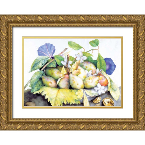Dish of Plums, Jasmine and Walnuts Gold Ornate Wood Framed Art Print with Double Matting by Garzoni, Giovanna