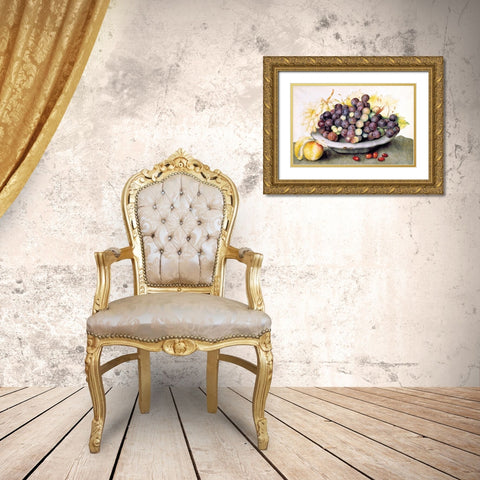 Dish of Grapes and a Peach Gold Ornate Wood Framed Art Print with Double Matting by Garzoni, Giovanna