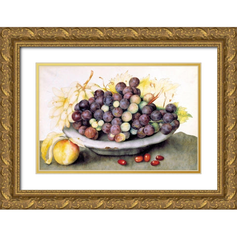 Dish of Grapes and a Peach Gold Ornate Wood Framed Art Print with Double Matting by Garzoni, Giovanna