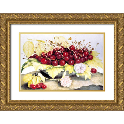 Dish of Cherries and Carnation Gold Ornate Wood Framed Art Print with Double Matting by Garzoni, Giovanna