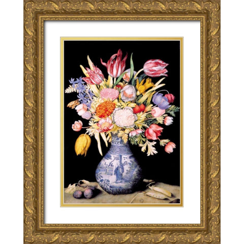 Chinese Vase, Varied Flowers, Prunes Gold Ornate Wood Framed Art Print with Double Matting by Garzoni, Giovanna