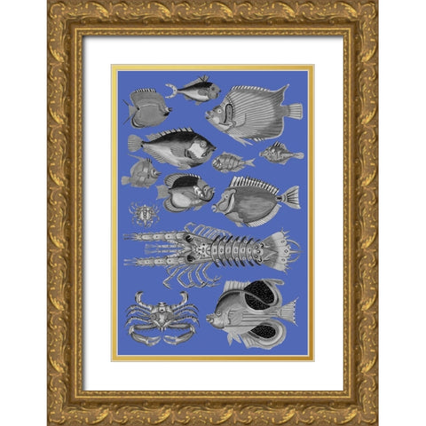 Tropical Fish Collage 4-Blue Background Gold Ornate Wood Framed Art Print with Double Matting by Renard, Louis
