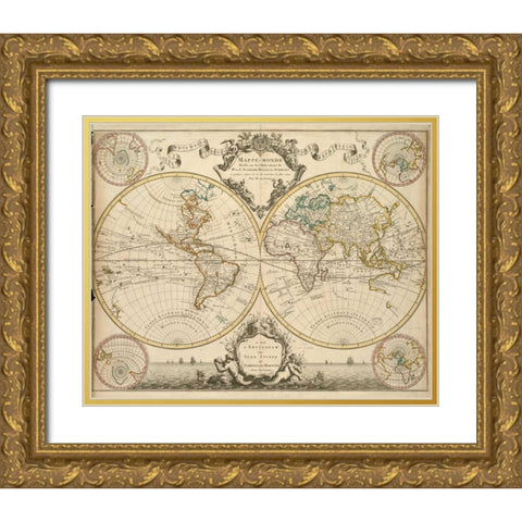 Mappe-Monde, 1730 Gold Ornate Wood Framed Art Print with Double Matting by De LIsle, Guillaume