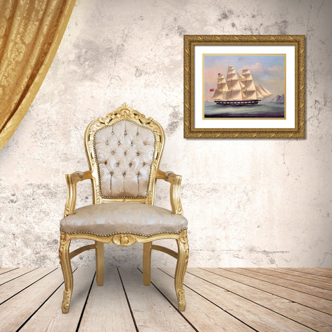 Barque Troas entering Hong Kong Gold Ornate Wood Framed Art Print with Double Matting by Anonymous, Chinese 1866