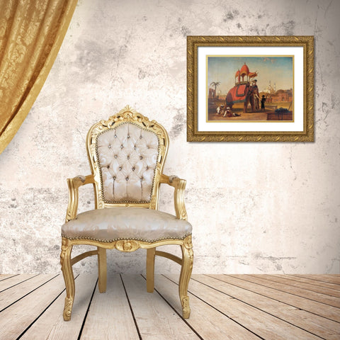 Elephant and Howdah Gold Ornate Wood Framed Art Print with Double Matting by Daniell, William