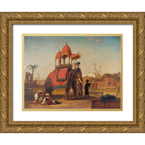 Elephant and Howdah Gold Ornate Wood Framed Art Print with Double Matting by Daniell, William