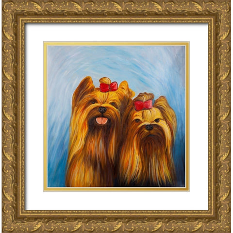 TWO SMILING DOGS WITH BOW TIE Gold Ornate Wood Framed Art Print with Double Matting by Atelier B Art Studio