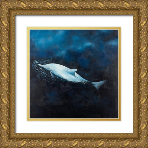 SWIMMING DOLPHIN Gold Ornate Wood Framed Art Print with Double Matting by Atelier B Art Studio