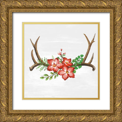 DEER HORNS AND PINK FLOWERS Gold Ornate Wood Framed Art Print with Double Matting by Atelier B Art Studio