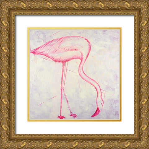 PINK FLAMINGO SKETCH Gold Ornate Wood Framed Art Print with Double Matting by Atelier B Art Studio