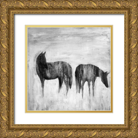 HORSES SILHOUETTES IN THE MIST Gold Ornate Wood Framed Art Print with Double Matting by Atelier B Art Studio
