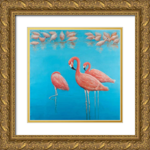 Group of Flamingos Gold Ornate Wood Framed Art Print with Double Matting by Atelier B Art Studio