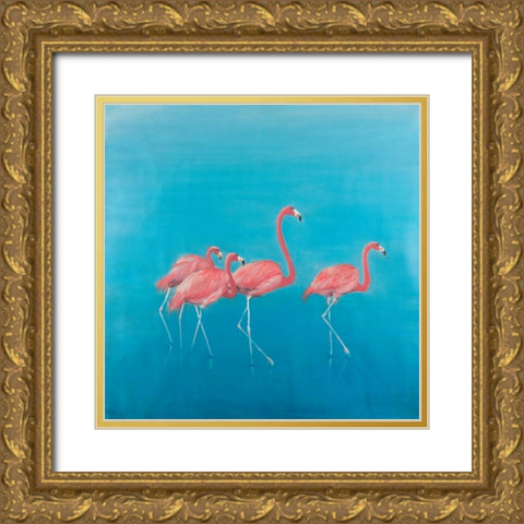 Four Flamingos Gold Ornate Wood Framed Art Print with Double Matting by Atelier B Art Studio