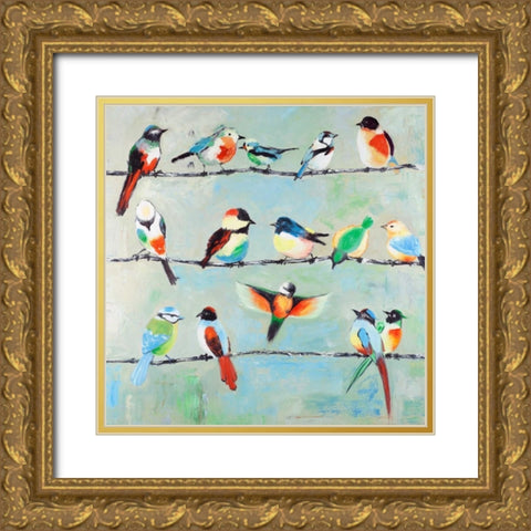 Small Abstract Colorful Birds Gold Ornate Wood Framed Art Print with Double Matting by Atelier B Art Studio