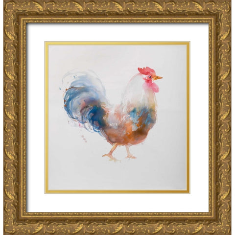Watercolor Rooster Gold Ornate Wood Framed Art Print with Double Matting by Atelier B Art Studio