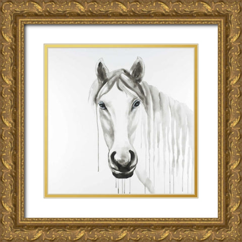 Solitary White Horse Gold Ornate Wood Framed Art Print with Double Matting by Atelier B Art Studio