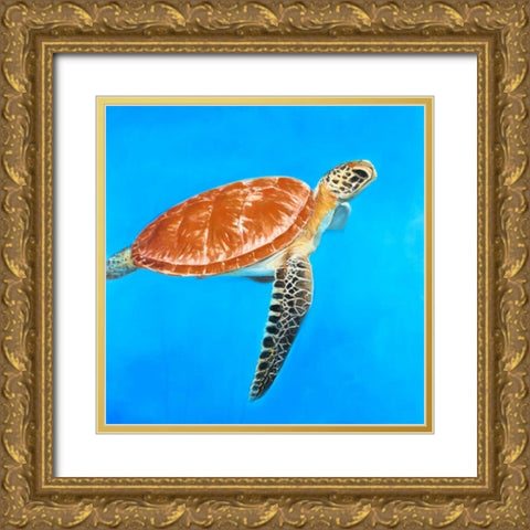Green Aquatic Turtle Gold Ornate Wood Framed Art Print with Double Matting by Atelier B Art Studio
