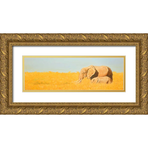 Elephant and its Little One Gold Ornate Wood Framed Art Print with Double Matting by Atelier B Art Studio