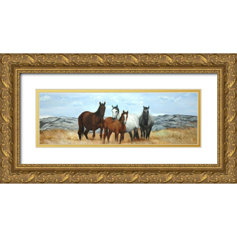 Group of Wild Horses Gold Ornate Wood Framed Art Print with Double Matting by Atelier B Art Studio