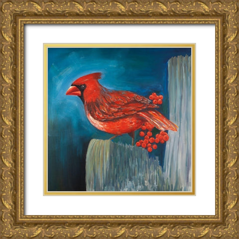 Redbreast Bird on a Branch Gold Ornate Wood Framed Art Print with Double Matting by Atelier B Art Studio