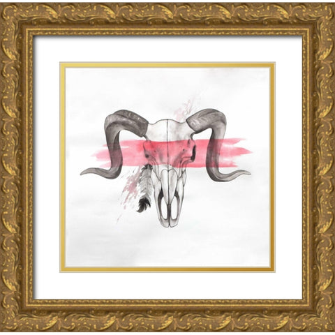 Sheep Ram Skull Horns in Watercolor Gold Ornate Wood Framed Art Print with Double Matting by Atelier B Art Studio