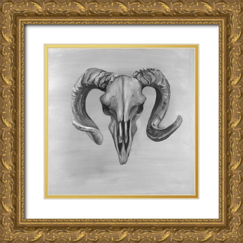 Grayscale Aries Skull Gold Ornate Wood Framed Art Print with Double Matting by Atelier B Art Studio