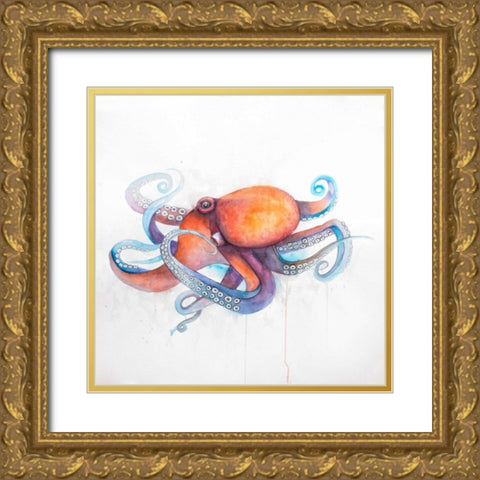 Colorful Octopus Gold Ornate Wood Framed Art Print with Double Matting by Atelier B Art Studio
