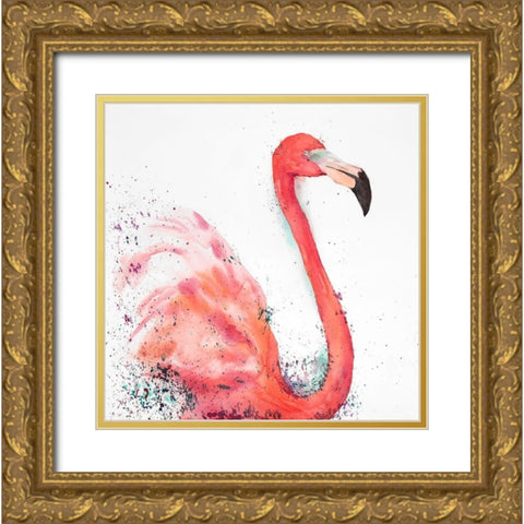 Splashing Flamingo Gold Ornate Wood Framed Art Print with Double Matting by Atelier B Art Studio