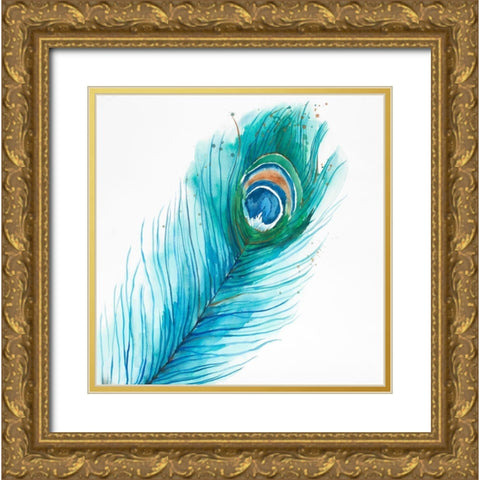 Long Peacock Feather Gold Ornate Wood Framed Art Print with Double Matting by Atelier B Art Studio