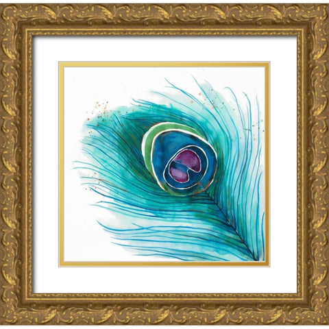 Peacock Feather Closeup Gold Ornate Wood Framed Art Print with Double Matting by Atelier B Art Studio