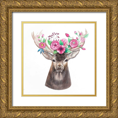 DEER HEAD WITH FLOWERS Gold Ornate Wood Framed Art Print with Double Matting by Atelier B Art Studio