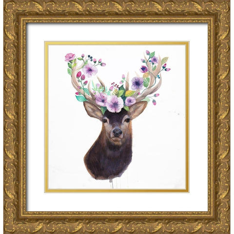 ROE DEER HEAD WITH FLOWERS Gold Ornate Wood Framed Art Print with Double Matting by Atelier B Art Studio