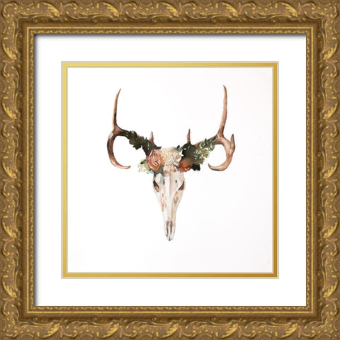Deer Skull with Roses Gold Ornate Wood Framed Art Print with Double Matting by Atelier B Art Studio