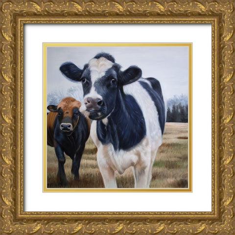 TWO COWS EATING GRASS Gold Ornate Wood Framed Art Print with Double Matting by Atelier B Art Studio