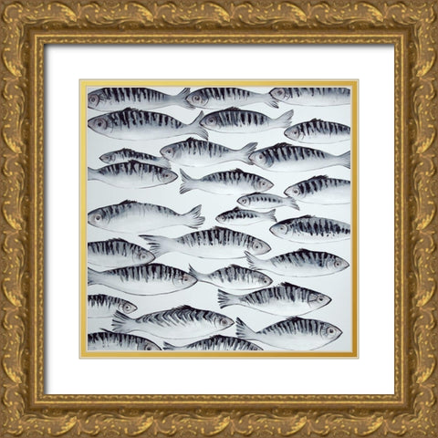 GRAY SHOAL OF FISH Gold Ornate Wood Framed Art Print with Double Matting by Atelier B Art Studio