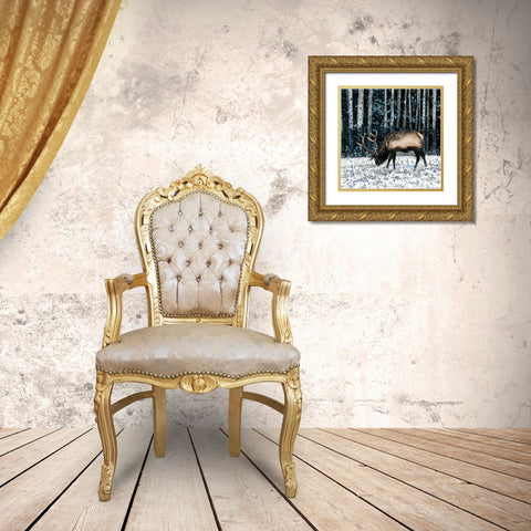 CARIBOU IN THE WINTER FOREST Gold Ornate Wood Framed Art Print with Double Matting by Atelier B Art Studio