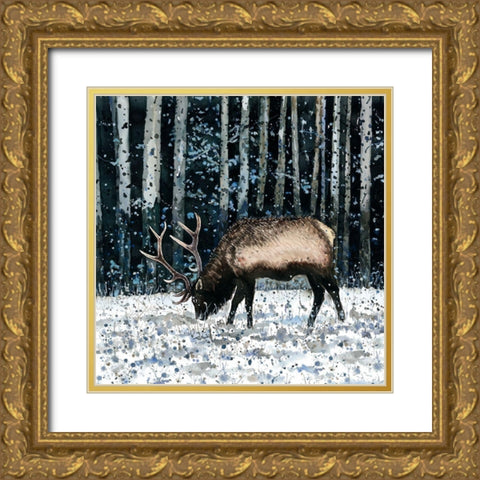 CARIBOU IN THE WINTER FOREST Gold Ornate Wood Framed Art Print with Double Matting by Atelier B Art Studio