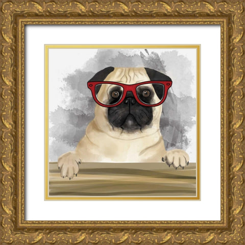Pug with Glasses Gold Ornate Wood Framed Art Print with Double Matting by Atelier B Art Studio