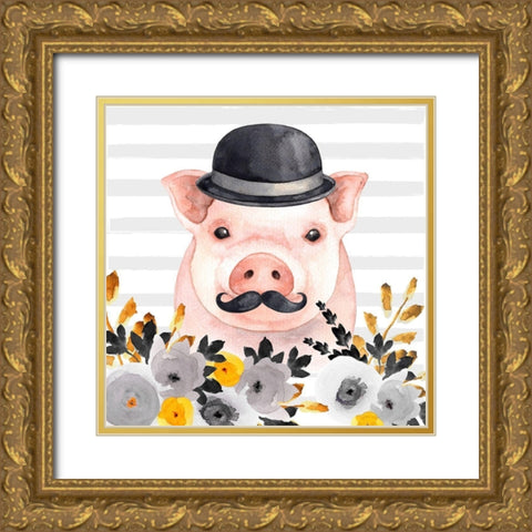 SMALL DETECTIVE PIG Gold Ornate Wood Framed Art Print with Double Matting by Atelier B Art Studio