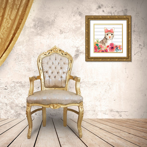 SMALL CAT WITH FLOWERS Gold Ornate Wood Framed Art Print with Double Matting by Atelier B Art Studio