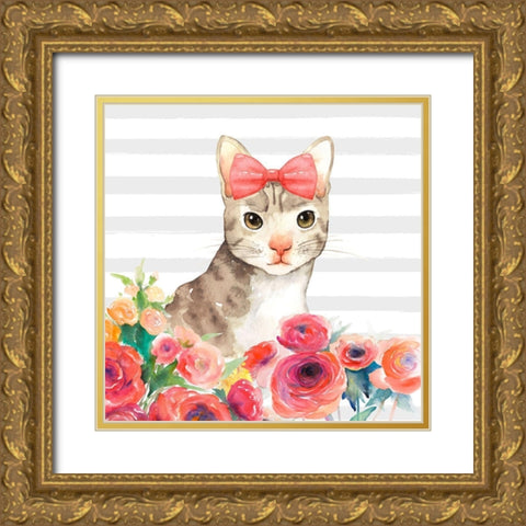 SMALL CAT WITH FLOWERS Gold Ornate Wood Framed Art Print with Double Matting by Atelier B Art Studio
