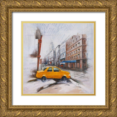 Taxi in the street sketch Gold Ornate Wood Framed Art Print with Double Matting by Atelier B Art Studio