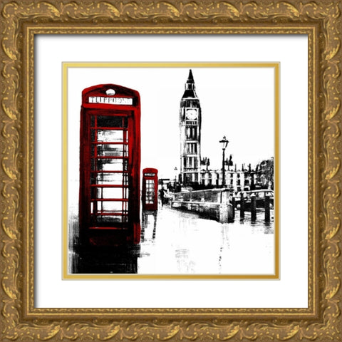Telephone Box and Big Ben of London Gold Ornate Wood Framed Art Print with Double Matting by Atelier B Art Studio