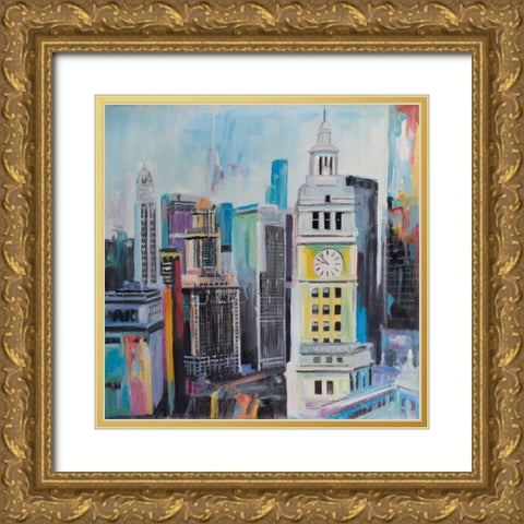 Colorful Cityscape of Manhattan Gold Ornate Wood Framed Art Print with Double Matting by Atelier B Art Studio