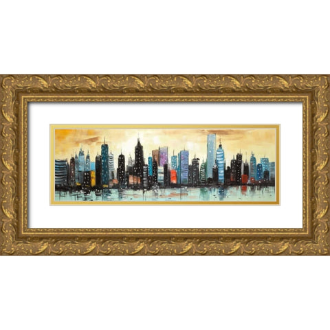 Skyline on Abstract Cityscape Gold Ornate Wood Framed Art Print with Double Matting by Atelier B Art Studio