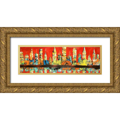 Red Abstract Skyline Gold Ornate Wood Framed Art Print with Double Matting by Atelier B Art Studio
