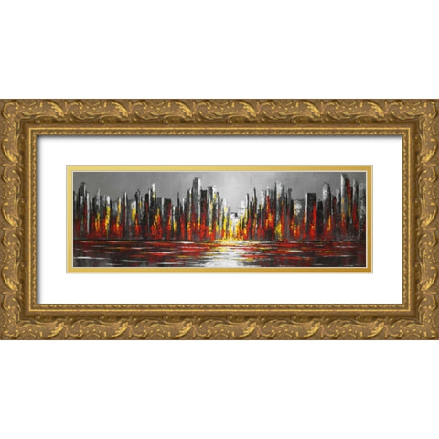 Abstract Red Skyline Gold Ornate Wood Framed Art Print with Double Matting by Atelier B Art Studio