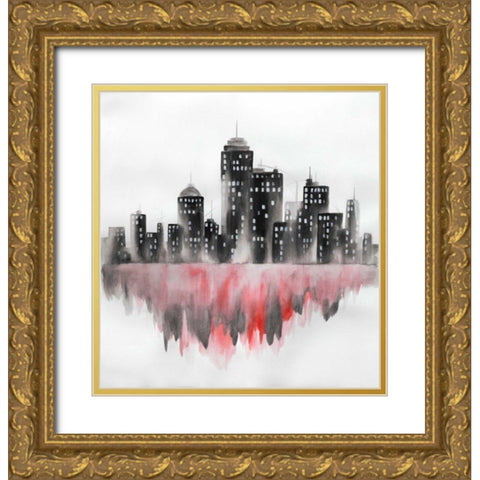 Red Watercolor Cityscape Gold Ornate Wood Framed Art Print with Double Matting by Atelier B Art Studio