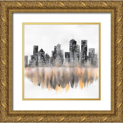 Yellow Watercolor Cityscape Gold Ornate Wood Framed Art Print with Double Matting by Atelier B Art Studio