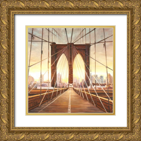 Sunset on the Brooklyn Bridge Gold Ornate Wood Framed Art Print with Double Matting by Atelier B Art Studio